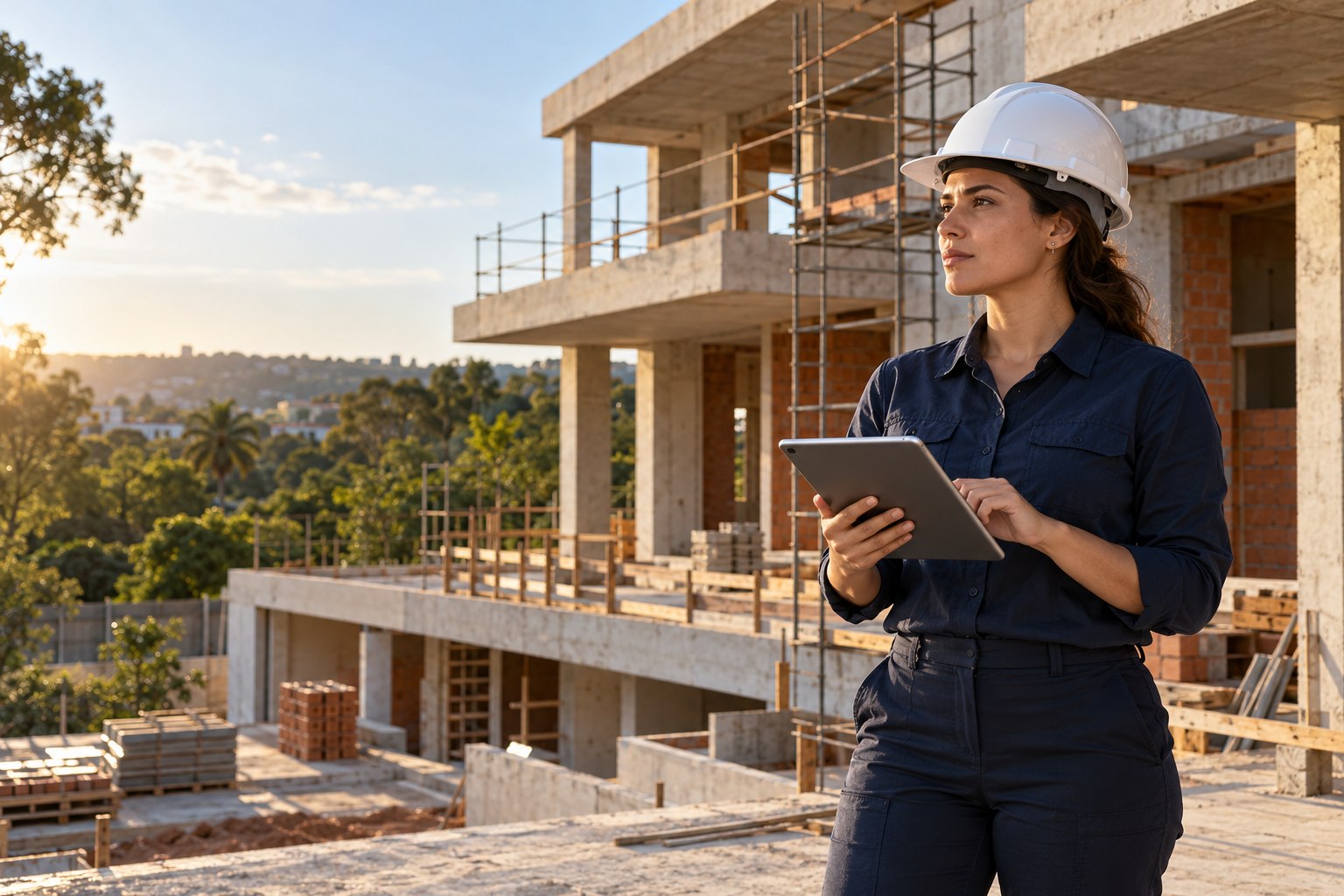 Imagem ilustrativa de engenheira usando tablet para conferir a obra
