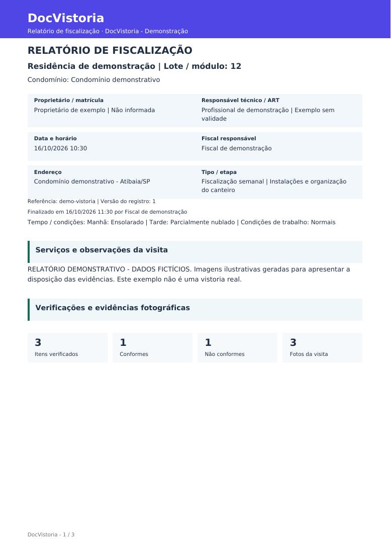 Primeira página do PDF demonstrativo gerado pelo DocVistoria: identificação da obra, condições da visita e evidências por item